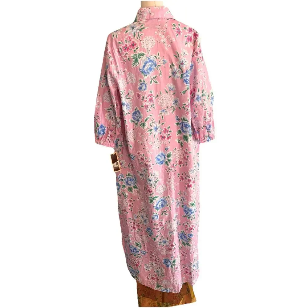 Vintage David Brown California Long Pink Floral House Dress Cotton Gown USA XS
